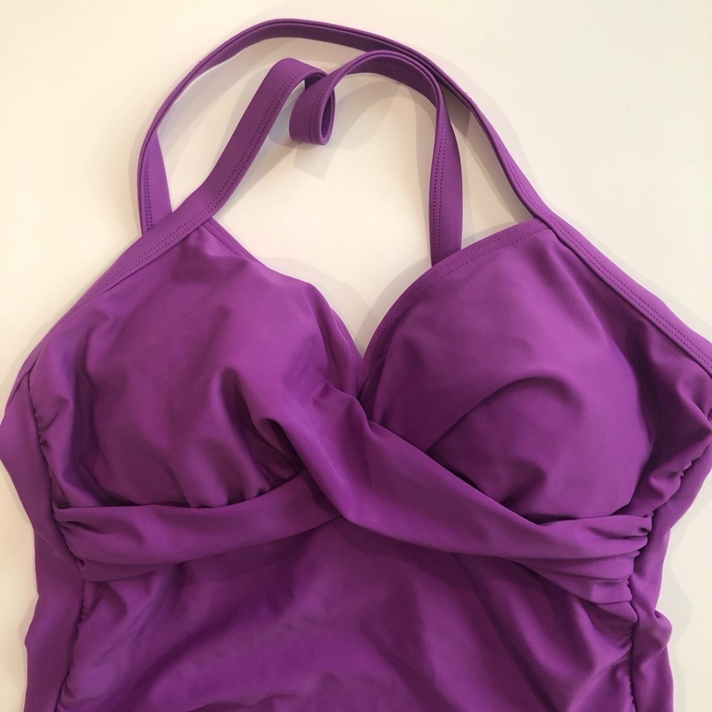 Cabana Beach Size M(12) purple one piece swimsuit. Ruching crisscross straps - Picture 3 of 10